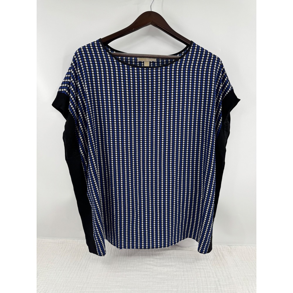 Michael Kors Top 1X Blue Houndstooth Dolman Sleeve Crew Neck Blouse - Picture 1 of 7